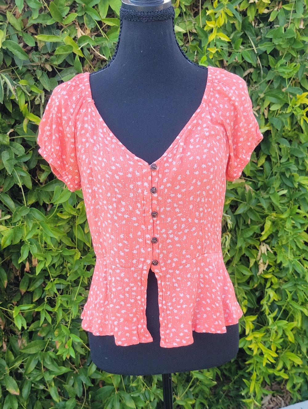 Moral Fiber Coral Pink Floral Button Peplum Blouse